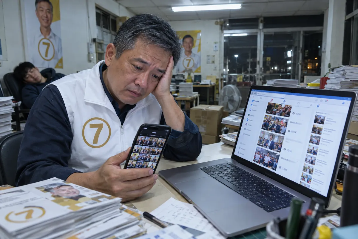 深夜競選辦公室,候選人看著電腦上對手的高觀看貼文