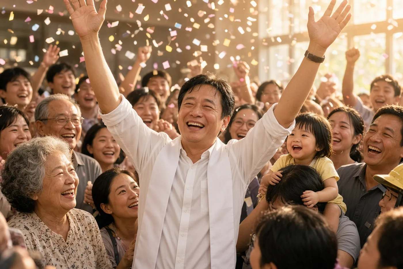 開票夜,候選人在支持者中舉手歡呼